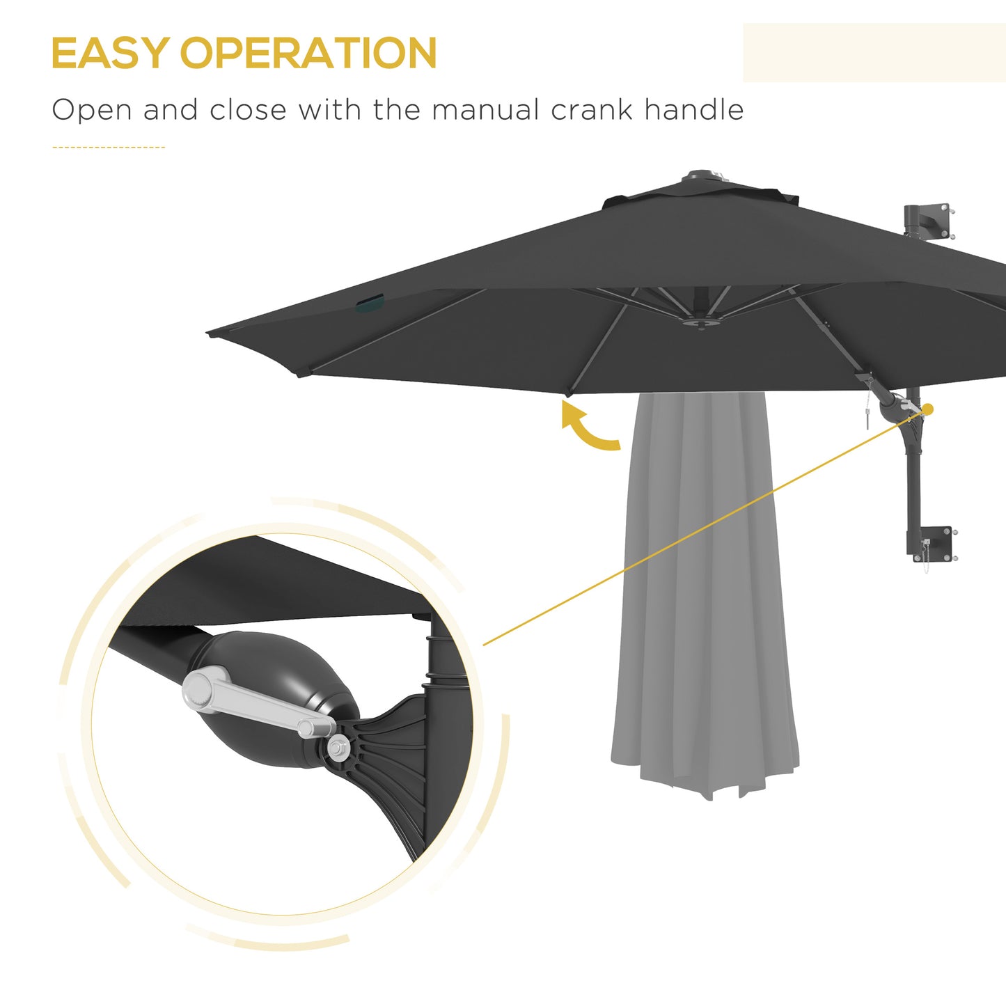 Outsunny 9.6 x 9.6 ft Wall Mounted Umbrella with Rotate, Patio Market Umbrella Parasol for Outdoor with Crank, Charcoal Grey