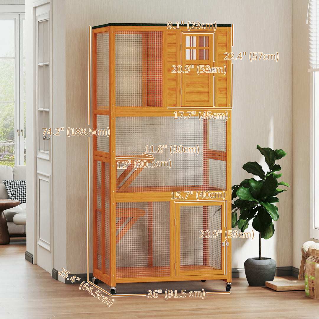 PawHut 74" Wooden Outdoor Cat House Weatherproof & Wheeled with High Weight Capacity, Kitten Cage Condo, White