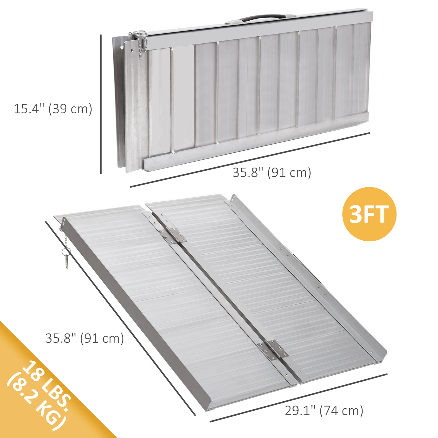 HOMCOM 3ft Textured Aluminum Folding Wheelchair Ramp, Portable Threshold Ramp, for Scooter Steps Home Stairs Doorways