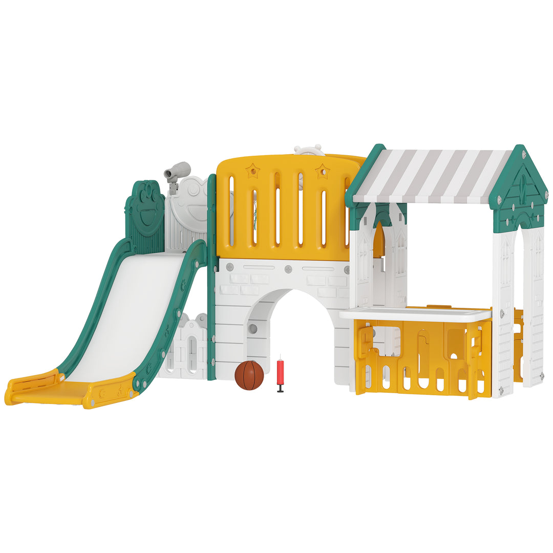 Qaba 7-in-1 Toddler Slide, Kids Slide Climber Playset with Playhouse and Basketball Hoop for 1-4 Years, Grey