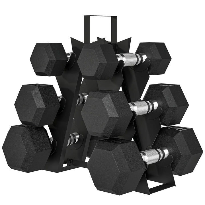 Soozier 60 LBS Hex Dumbbell Set with Rack, Rubber Coated Weights with Non-Slip Handles for Home Gym Strength Training