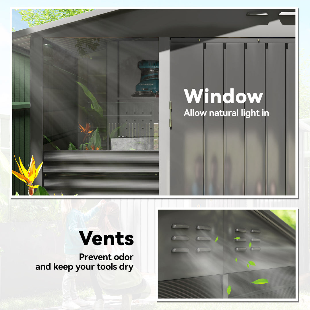 Outsunny 8' x 6' Outdoor Storage Shed, Metal Garden Shed with 2 Windows, 4 Vents, Lockable Doors and Gloves, Dark Grey
