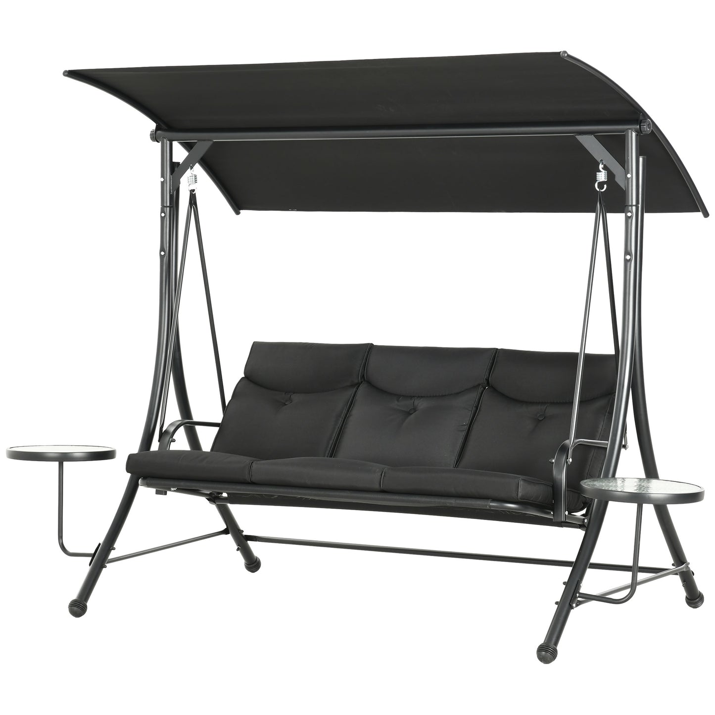 Outsunny 3 Seat Outdoor Swing Chair Steel Swing Bench Porch Swing With Adjustable Canopy & Coffee Tables & Cushion for Patio Garden, Black