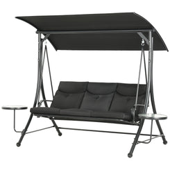 Outsunny 3 Seat Outdoor Swing Chair Steel Swing Bench Porch Swing With Adjustable Canopy & Coffee Tables & Cushion for Patio Garden, Black
