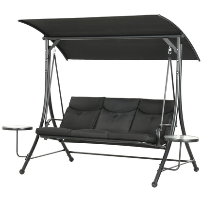Outsunny 3 Seat Outdoor Swing Chair Steel Swing Bench Porch Swing With Adjustable Canopy & Coffee Tables & Cushion for Patio Garden, Black