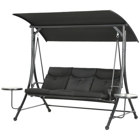 Outsunny 3 Seat Outdoor Swing Chair Steel Swing Bench Porch Swing With Adjustable Canopy & Coffee Tables & Cushion for Patio Garden, Black