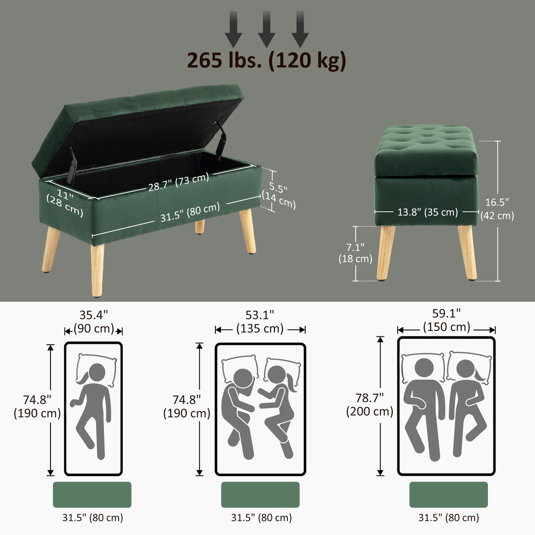 HOMCOM Storage Ottoman with Lid, Velvet Upholstered Storage Bench with Wood Legs for Living Room, Charcoal Grey