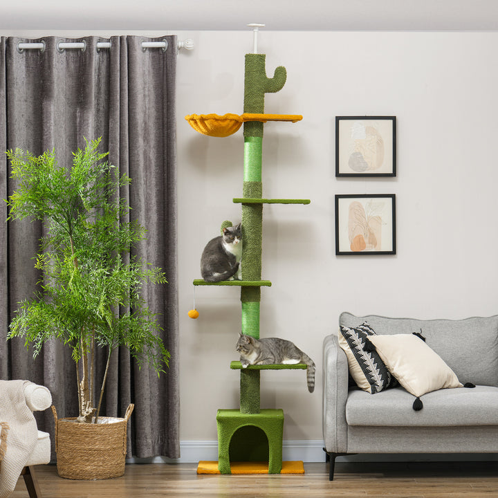 PawHut Floor to Ceiling Cat TreeTower with 90.5"-108" Adjustable Height, Scratching Posts, Hammock, Comdo, Toy Ball, Light Grey