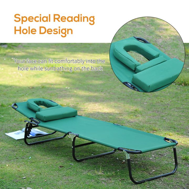 Outsunny Folding Outdoor Lounge Chair, Portable Reclining Beach Lounger with Face Hole, Detachable Pillow, 3-Position Adjustable Backrest, For Patio, Garden, Poolside, Green