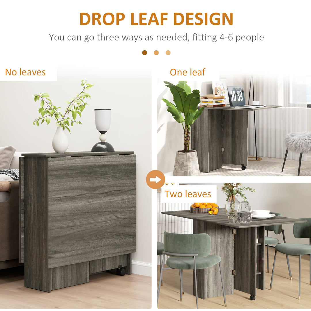 HOMCOM Extendable Dining Table, Collapsible Folding Table w/ 2-tier Shelves and Rolling Casters, Nature Wood