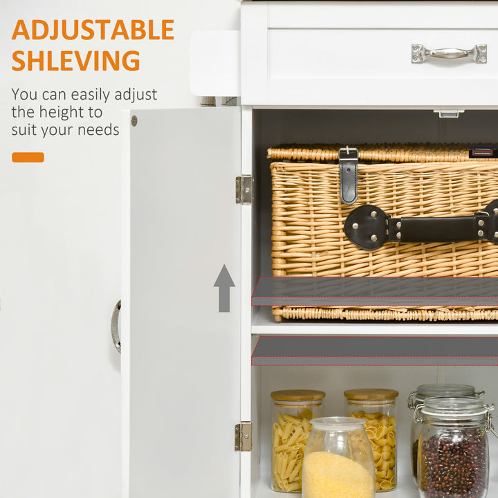 HOMCOM Foldable Kitchen Island with Storage Drawer, Farmhouse Style Rolling Utility Cart, Coffee Bar Cabinet on Wheels with Drop-Leaf Wood Top, White