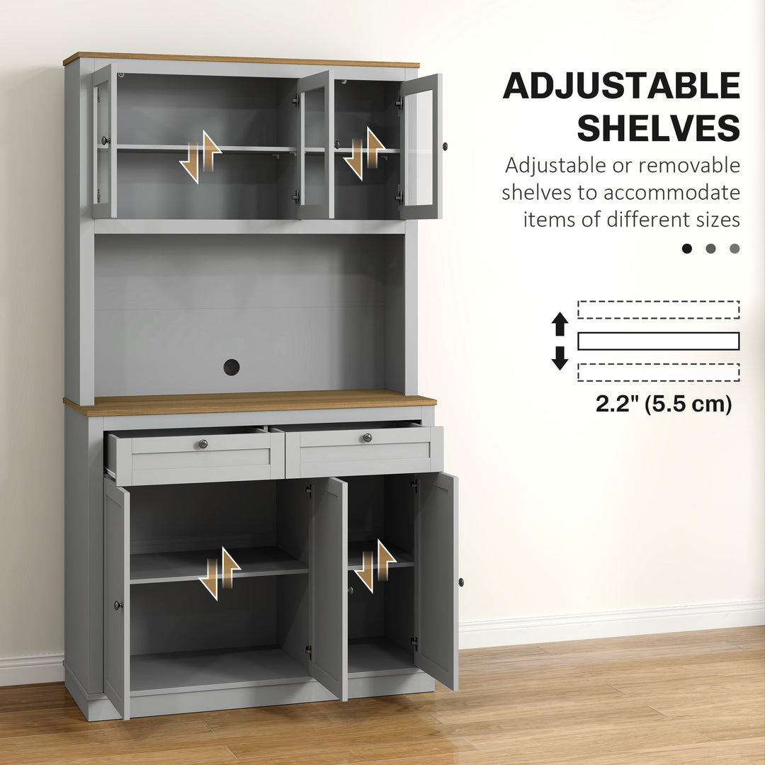 HOMCOM 71" Pantry Cabinet with Microwave Space, Buffet with Hutch, 2 Drawers, Adjustable Shelves and Glass Doors, Blue