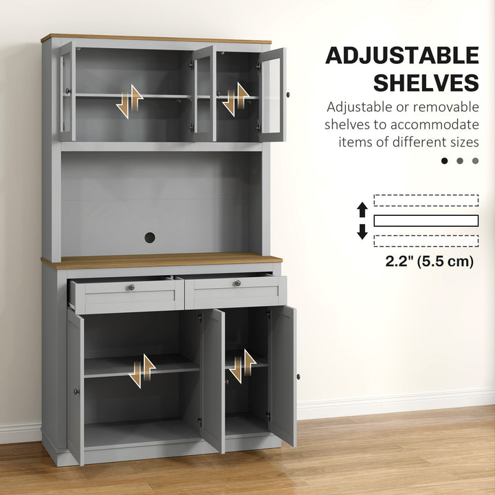 HOMCOM 71" Pantry Cabinet with Microwave Space, Buffet with Hutch, 2 Drawers, Adjustable Shelves and Glass Doors, Blue