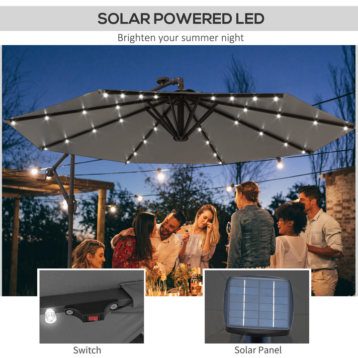 Outsunny 9.5' Offset Patio Umbrella Garden Parasol with Solar LED Lights and Weights, Dark Grey