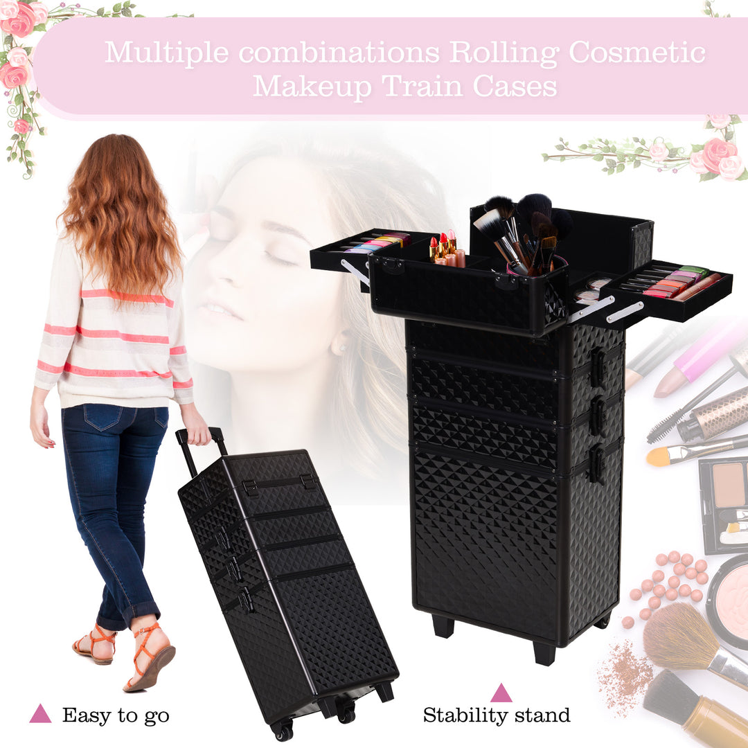 HOMCOM 4 in 1 Portable Aluminum Makeup Case Train Cases, Rolling Makeup Case with 2 Wheels, Multiple Compartments and Lift Handle
