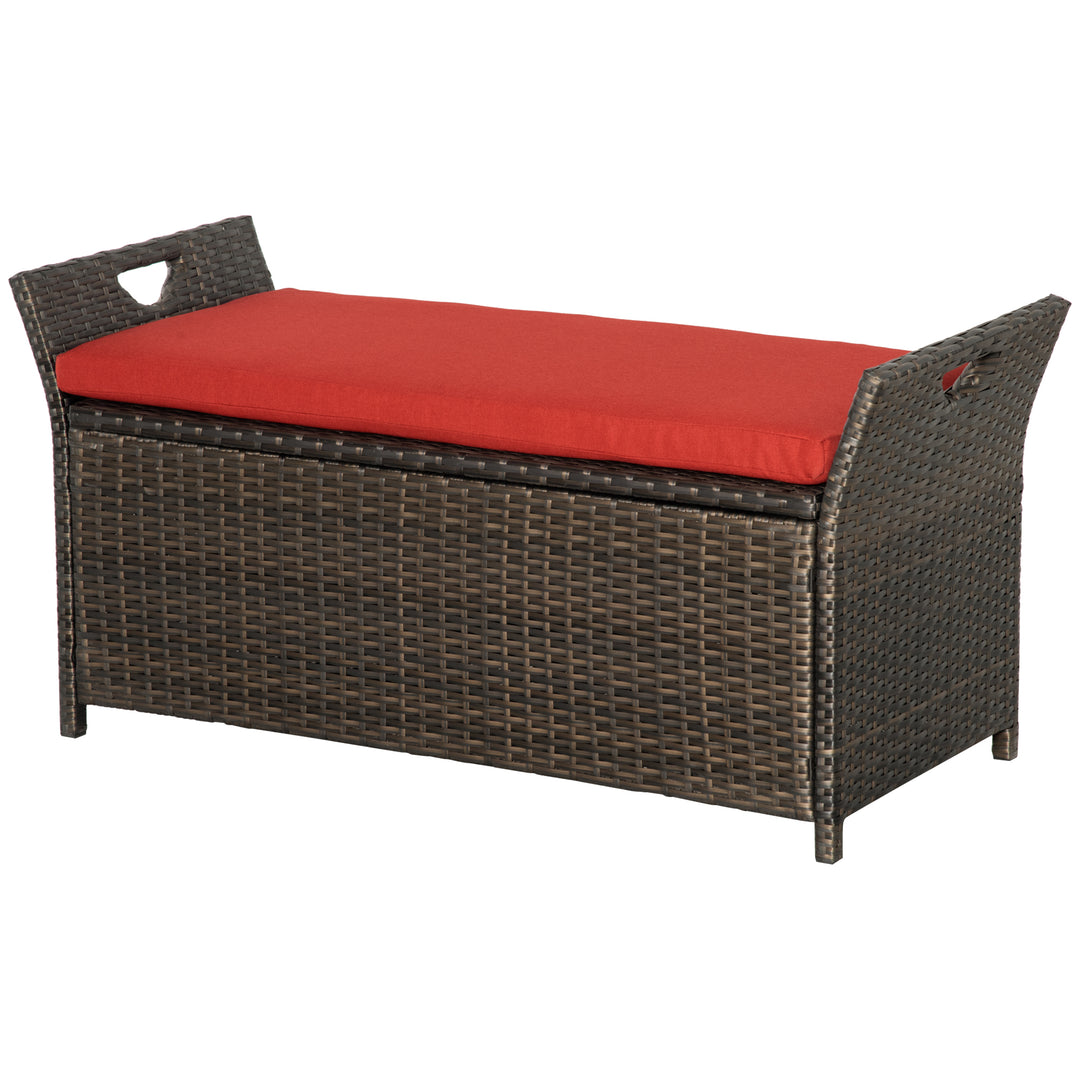 Outsunny 2-In-1 Outdoor PE Rattan Storage Bench, 29 Gallon Patio Wicker Furniture, Basket Box with Handles and Cushion Red