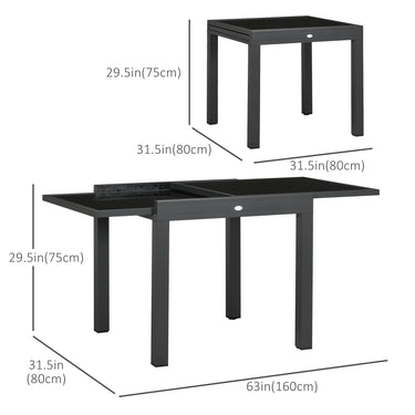 Outsunny 63" Extendable Outdoor Dining Table Patio Table with Aluminum Frame and Tempered Glass Tabletop, Black