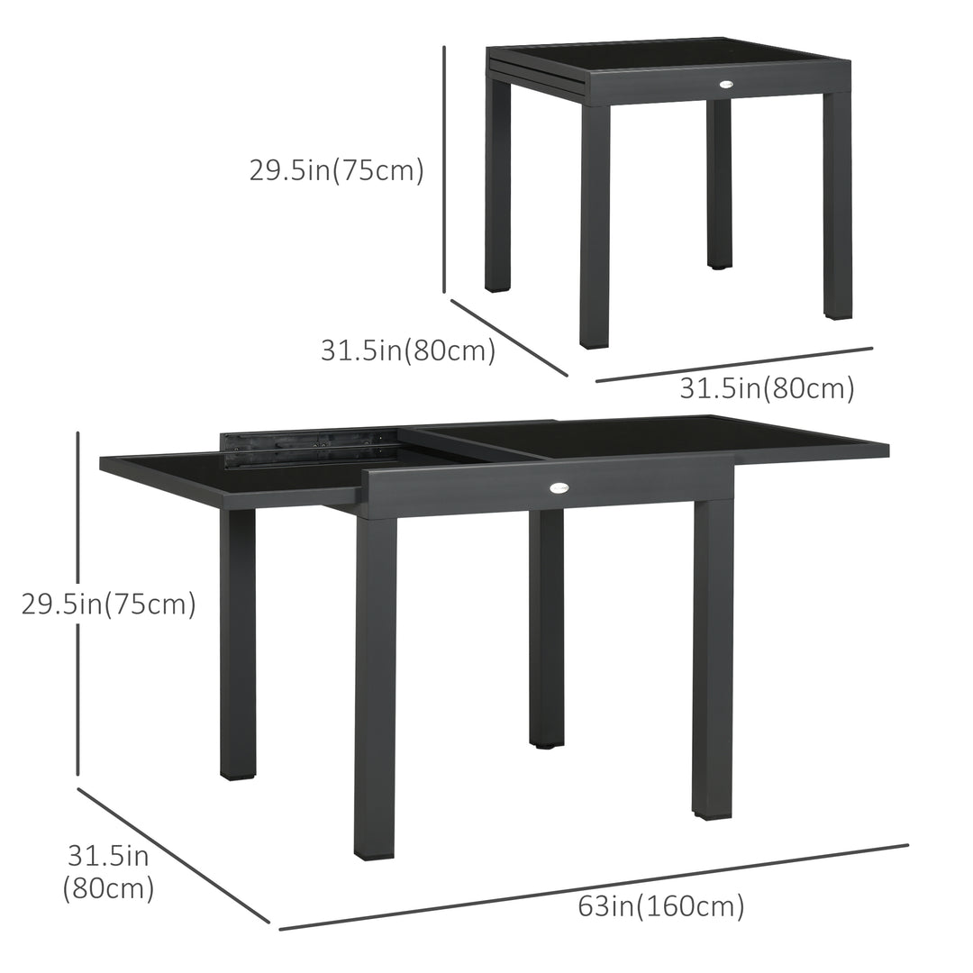 Outsunny 63" Extendable Outdoor Dining Table Patio Table with Aluminum Frame and Tempered Glass Tabletop, Black