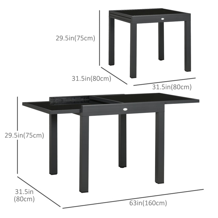 Outsunny 63" Extendable Outdoor Dining Table Patio Table with Aluminum Frame and Tempered Glass Tabletop, Black