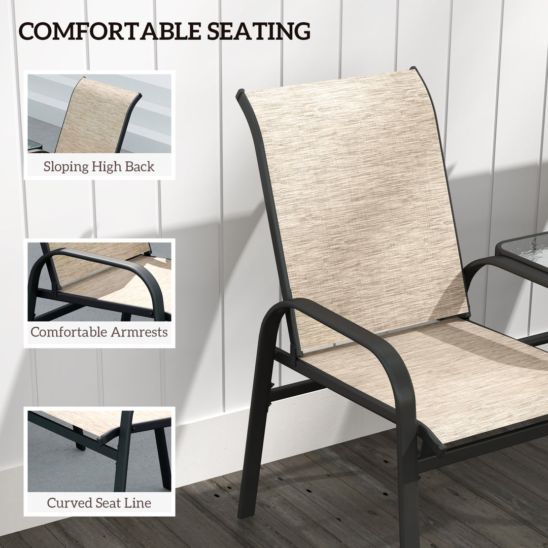 Outsunny Outdoor Loveseat with Glass Table, Garden Patio Bench with Breathable Mesh Seat, High Back, Armrests, Brown