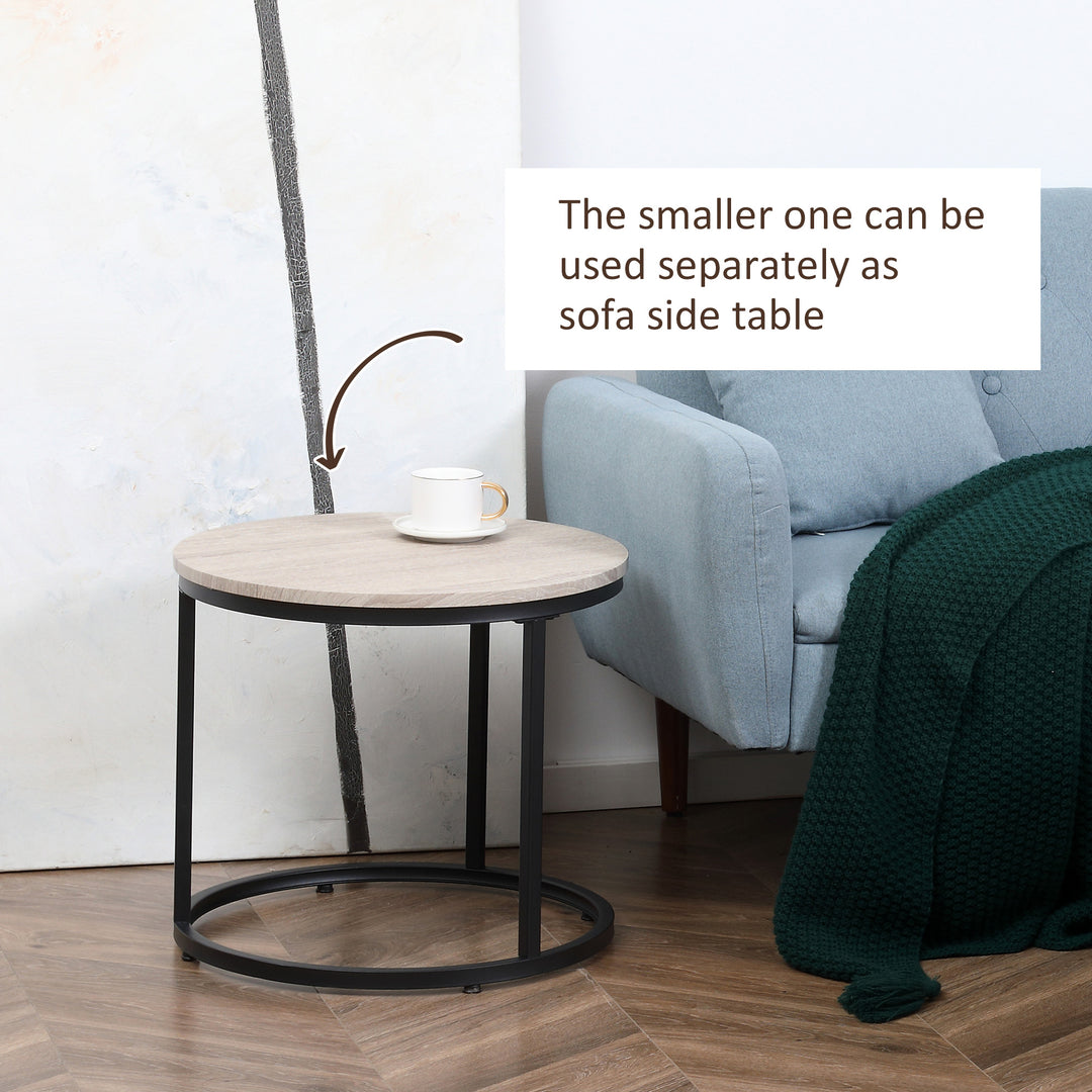 HOMCOM Nesting Coffee Tables Set of 2, Round Coffee Table with Metal Frame, Living Room Tables, Grey Wood Grain