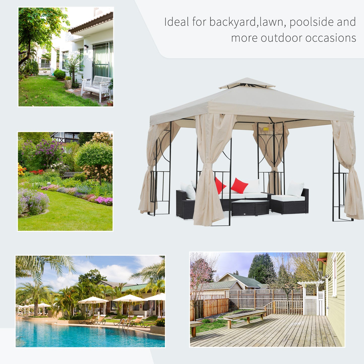 Outsunny 10' x 10' Patio Gazebo Outdoor, Canopy Shelter with Double-tier Roof, Pavilion Sidewalls for Garden Events, Cream White