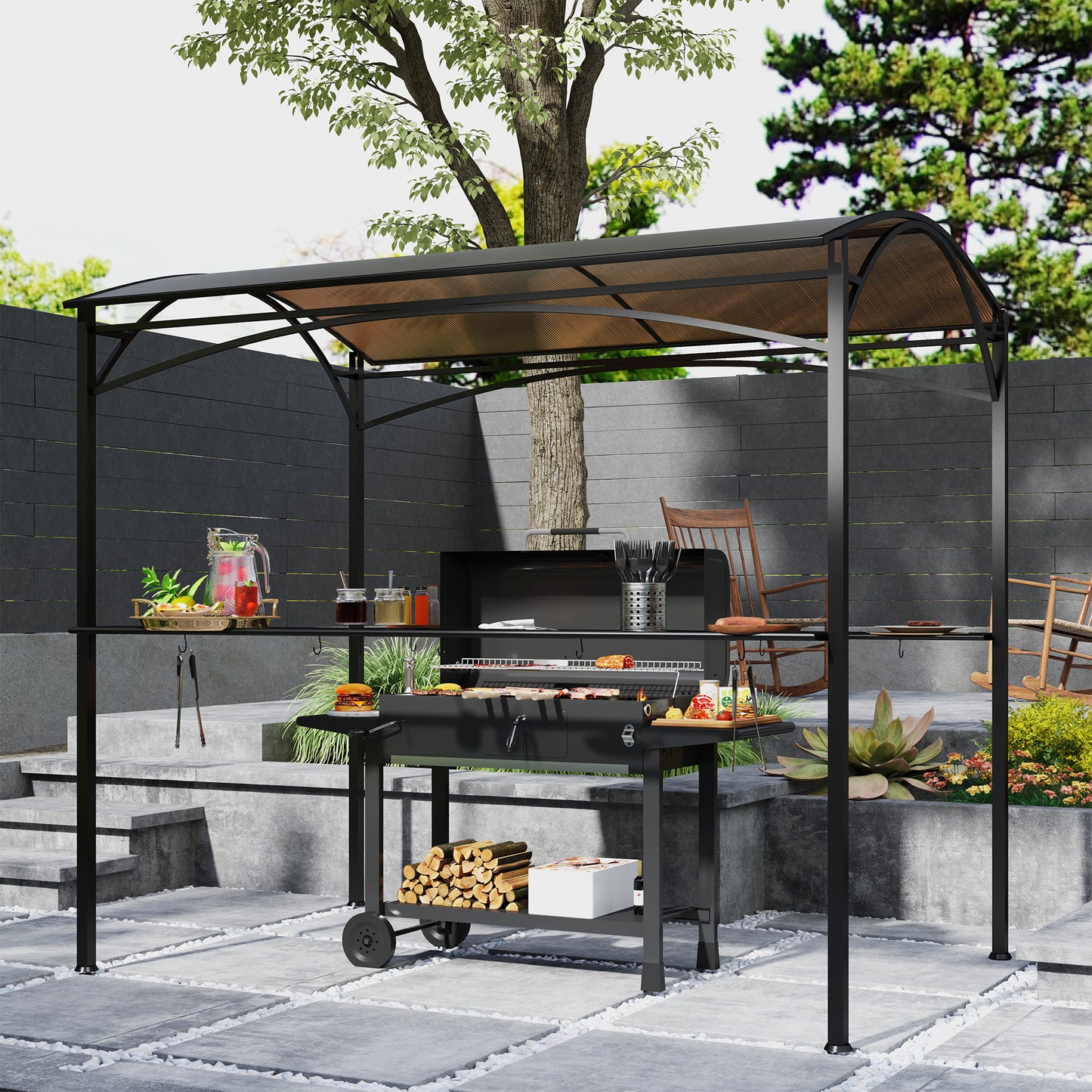 Outsunny 8' x 5' Hardtop Grill Gazebo, Outdoor BBQ Gazebo with PC Board Roof, BBQ Canopy Gazebo with 2 Side Shelves and 10 Hooks