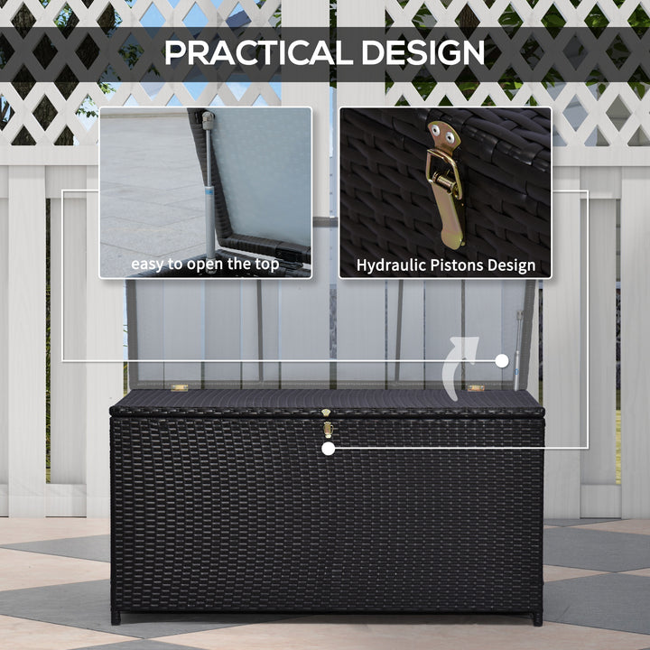 Outsunny Wicker Outdoor Storage Box, 75 Gallon Deck Box with Gas Strut and Clamp Lid, Rattan Patio Storage Container for Gardening Tools, Pool Supplies, Dark Brown