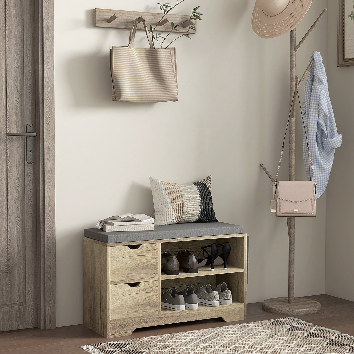 HOMCOM Upholstered Shoe Storage Bench w/ Seat, Entrance Bench w/ Drawer Open Shelves and Pocket for Hallway, White