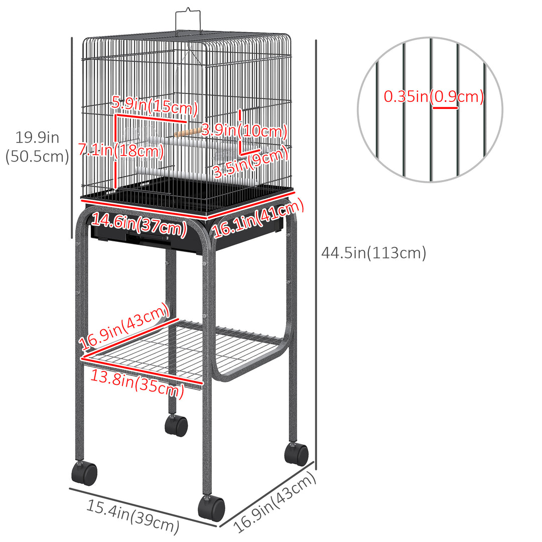 PawHut 44.5"H Metal Bird Cage Parrot Play Spot Stand with Wheel, Storage Shelf, Multi-doors - Black