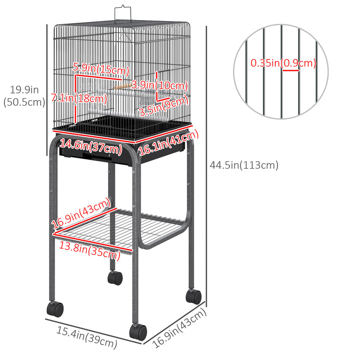 PawHut 44.5"H Metal Bird Cage Parrot Play Spot Stand with Wheel, Storage Shelf, Multi-doors - Black
