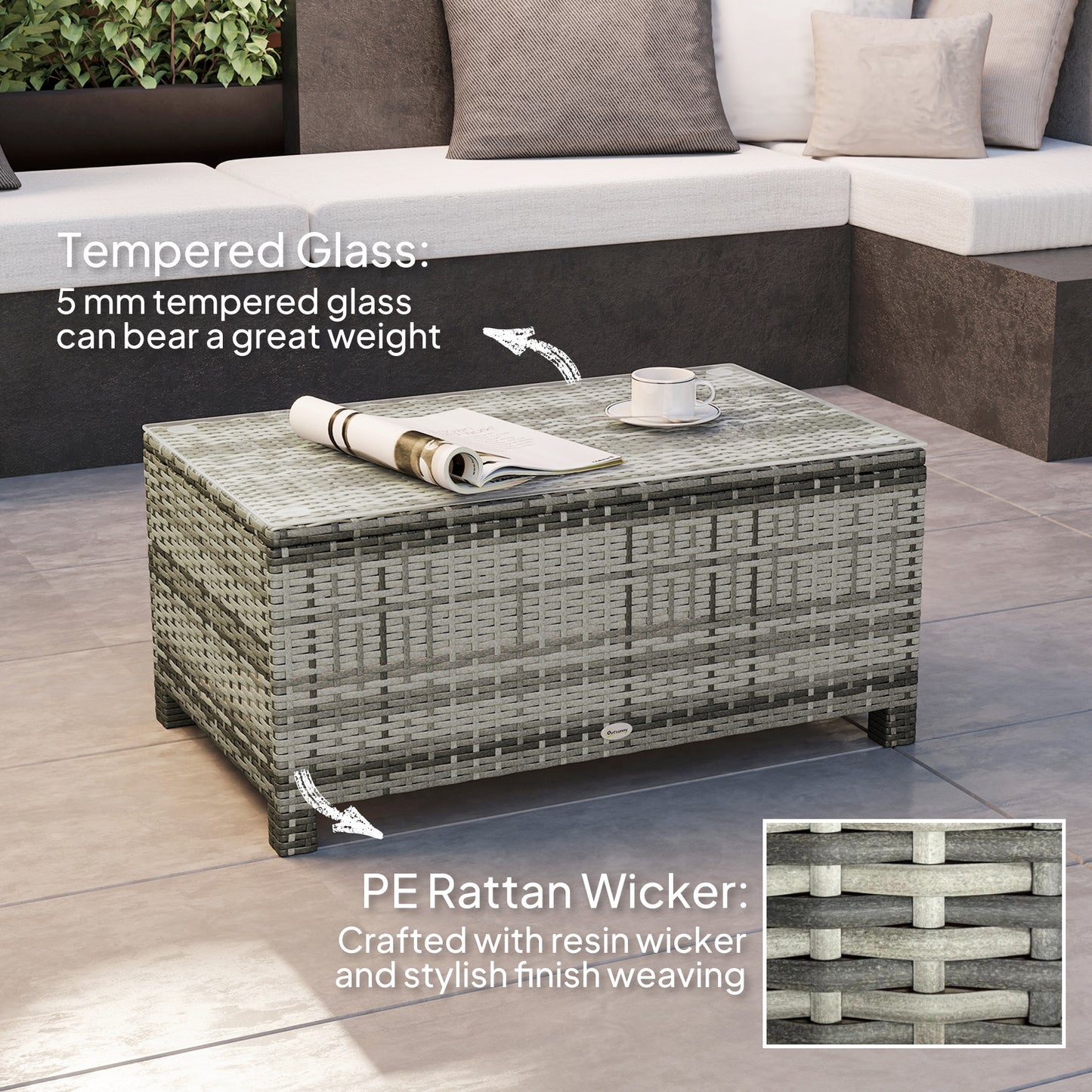 Outsunny Outdoor PE Rattan Wicker Table, Patio Garden Side Table w/Glass Top for Patio, Balcony, Mixed Grey
