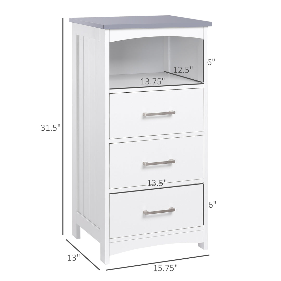 kleankin Small Bathroom Storage Cabinet, Floor Cabinet with 3 Drawers and Open Component, Narrow Bathroom Cabinet, White