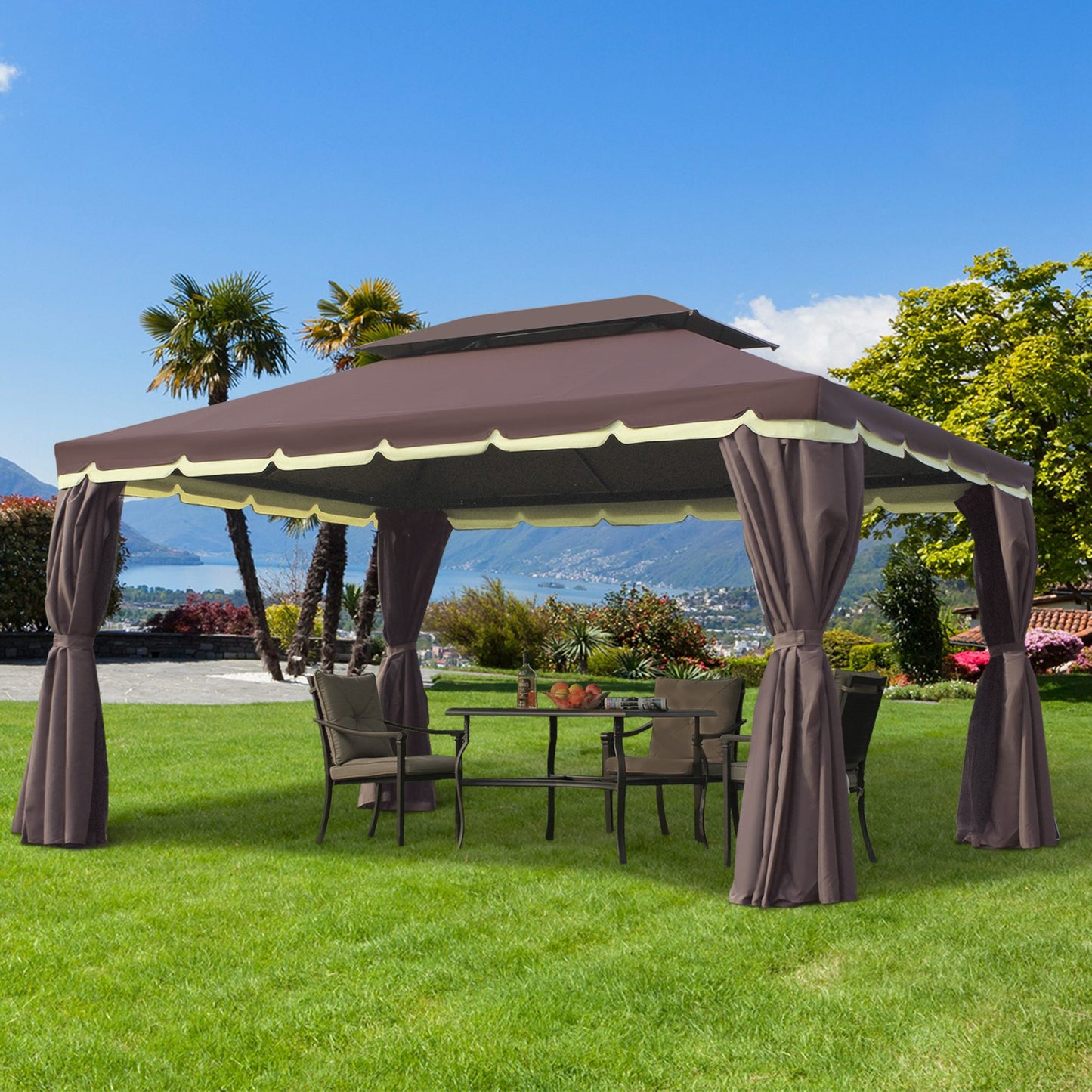 Outsunny 10 x 13ft Aluminum Frame Gazebo Canopy Double Tier Garden Shelter with Netting and Curtains, Coffee