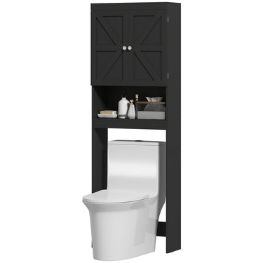 HOMCOM Over The Toilet Cabinet, Modern Bathroom Above Toilet Storage with Barn Doors and Open Shelf, Black