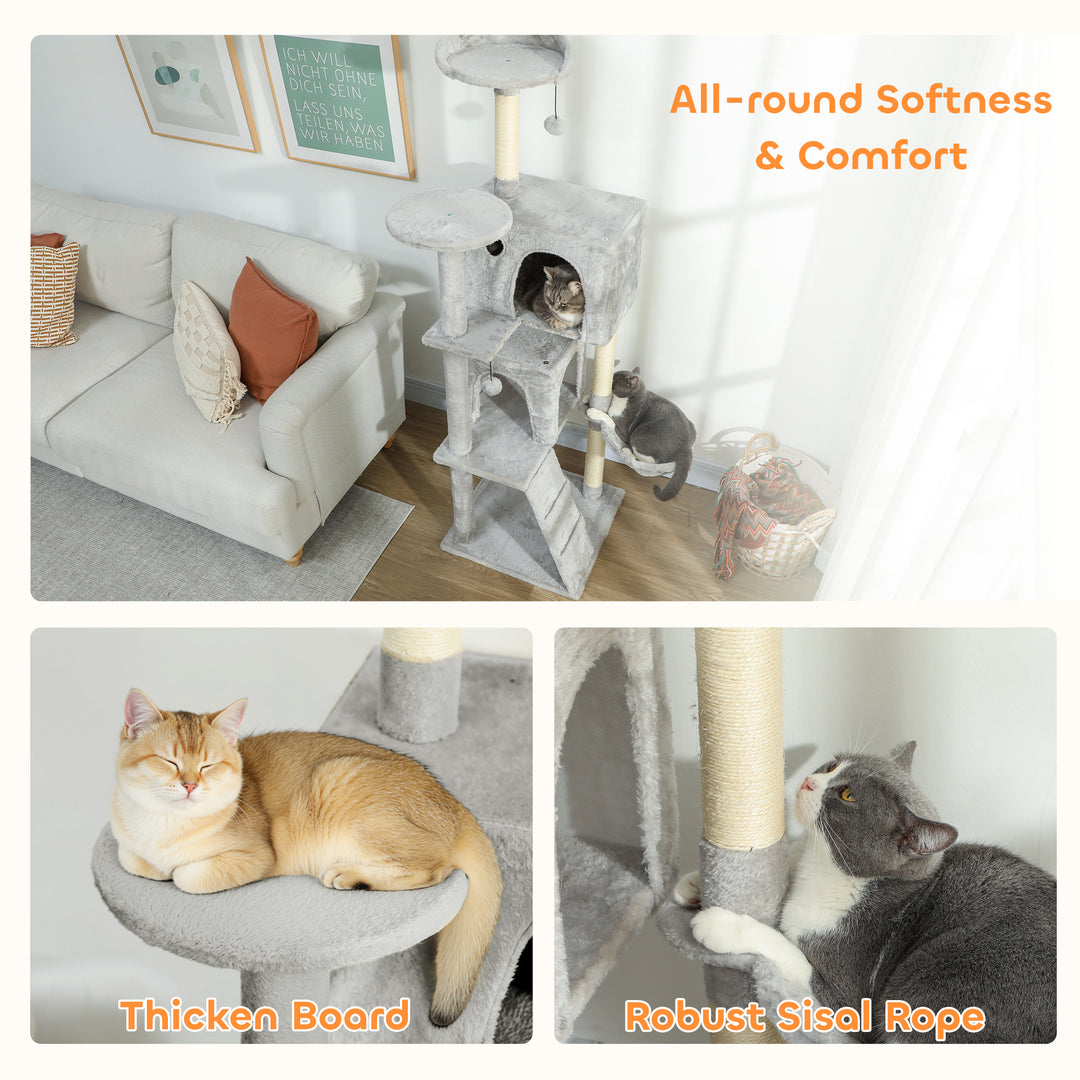 PawHut 63 Inch Cat Tree with Sisal Scratching Posts, Condos, Plush Perches, Hammock, Ladder, Dangling Balls, Pink