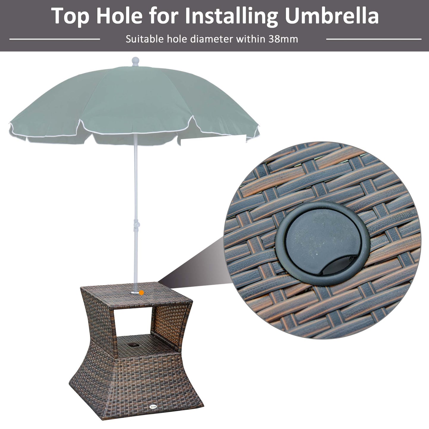 Outsunny Rattan Wicker Side Table, 21.3" Square Outdoor End Table with Umbrella Hole 2-Tier Storage for Patio Garden Mixed Brown