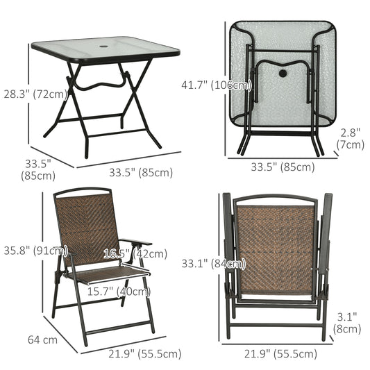 Outsunny 5 Pieces Folding Rattan Patio Table and Chairs for 4 with Umbrella Hole, Tempered Glass Top, Dark Brown