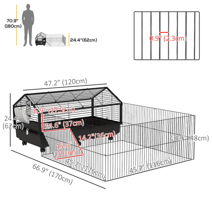 PawHut Metal Small Animal Cage, Rabbit Cage for Guinea Pig Chinchilla Hedgehog Bunny with Removable Wheels and Foldable Detachable Run Fence, 34.6" L x 50.6" W x 22" H