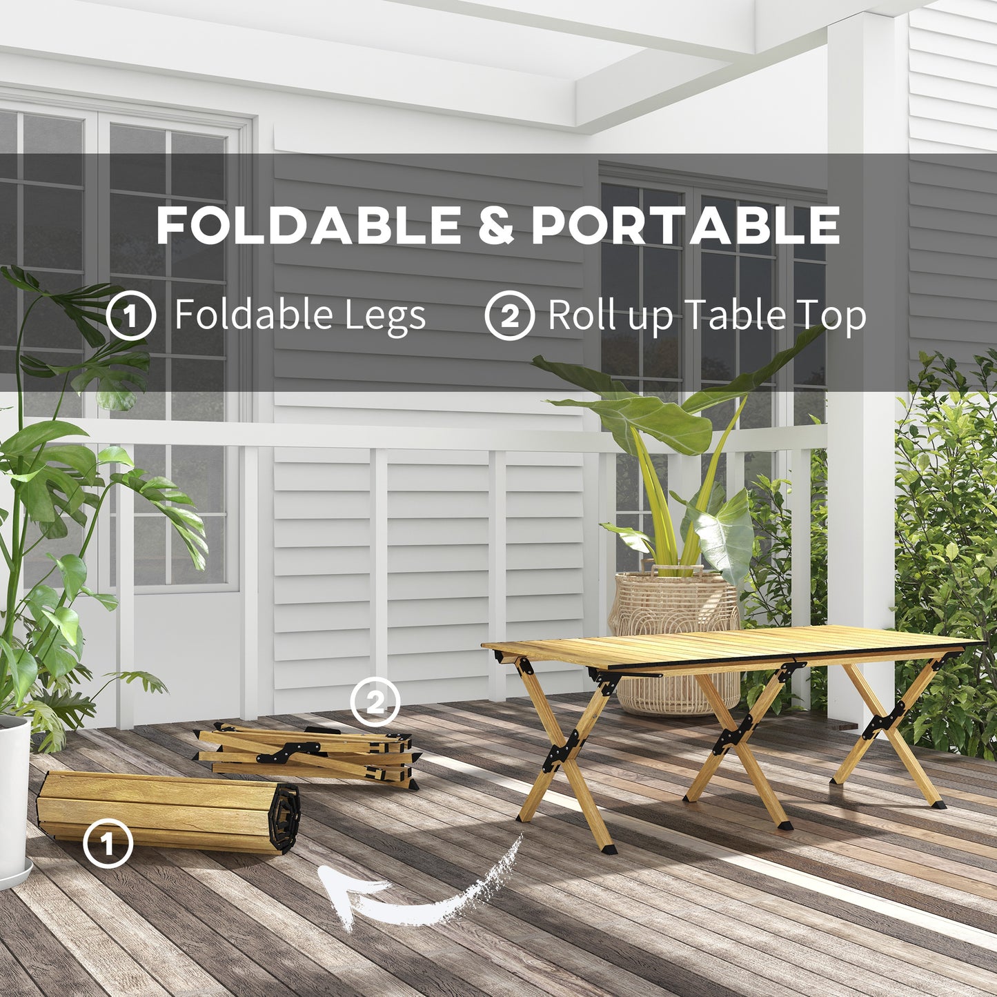 Outsunny Folding Picnic Table, Portable Aluminum Camping Table with Roll-Up Top for Party, BBQ, Beach, Natural