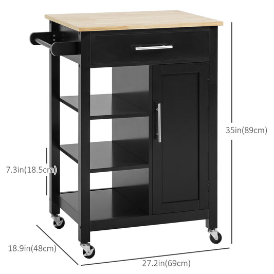 HOMCOM Kitchen Island, Compact Kitchen Cart on Wheels with Open Shelf & Storage Drawer for Dining Room, Kitchen, Black