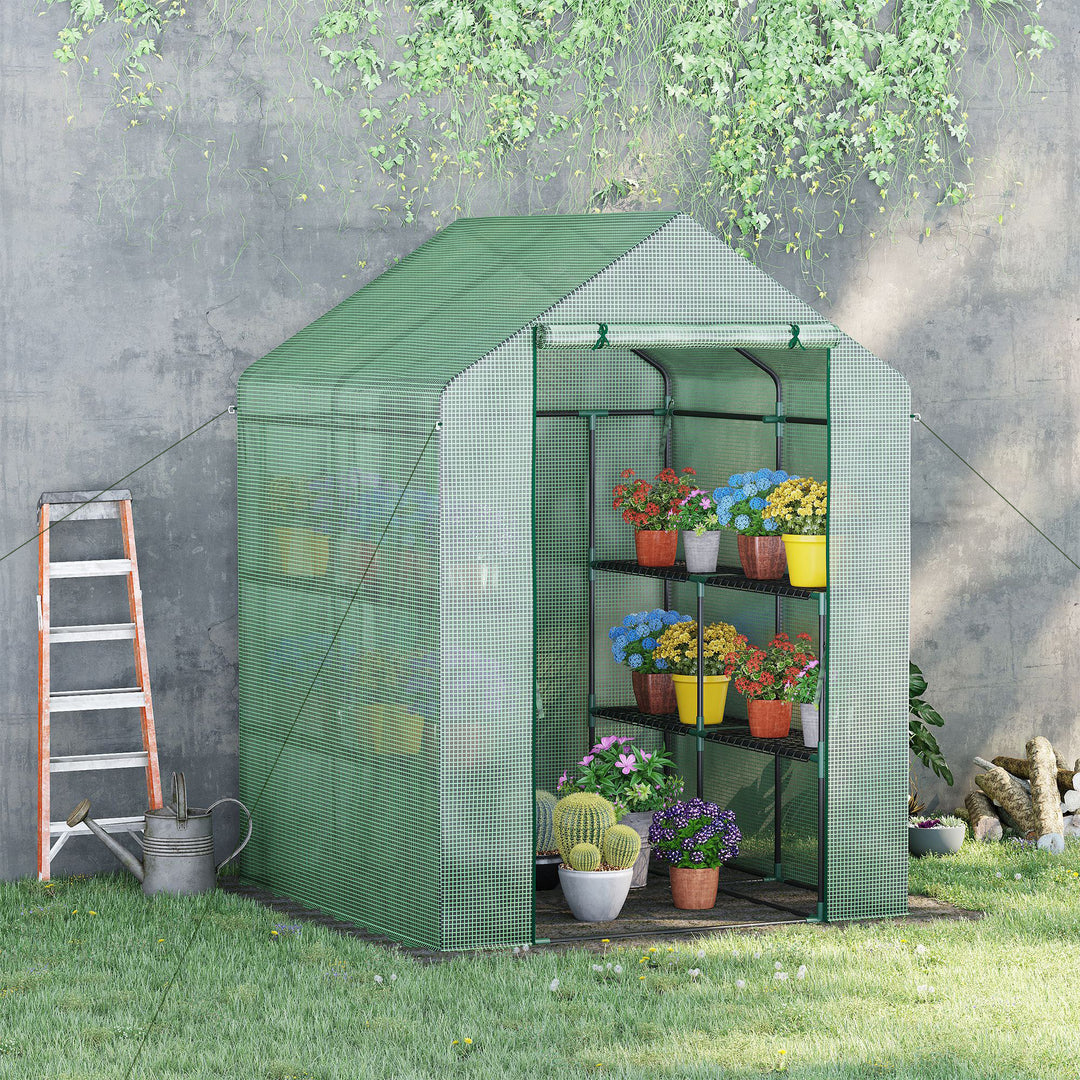 Outsunny 56" x 54" x 74" Walk-in Greenhouse Portable Garden Plant Flower Seed Warm House with 8 Shelves Outdoor Plant Growth Hot House PE Cover Green