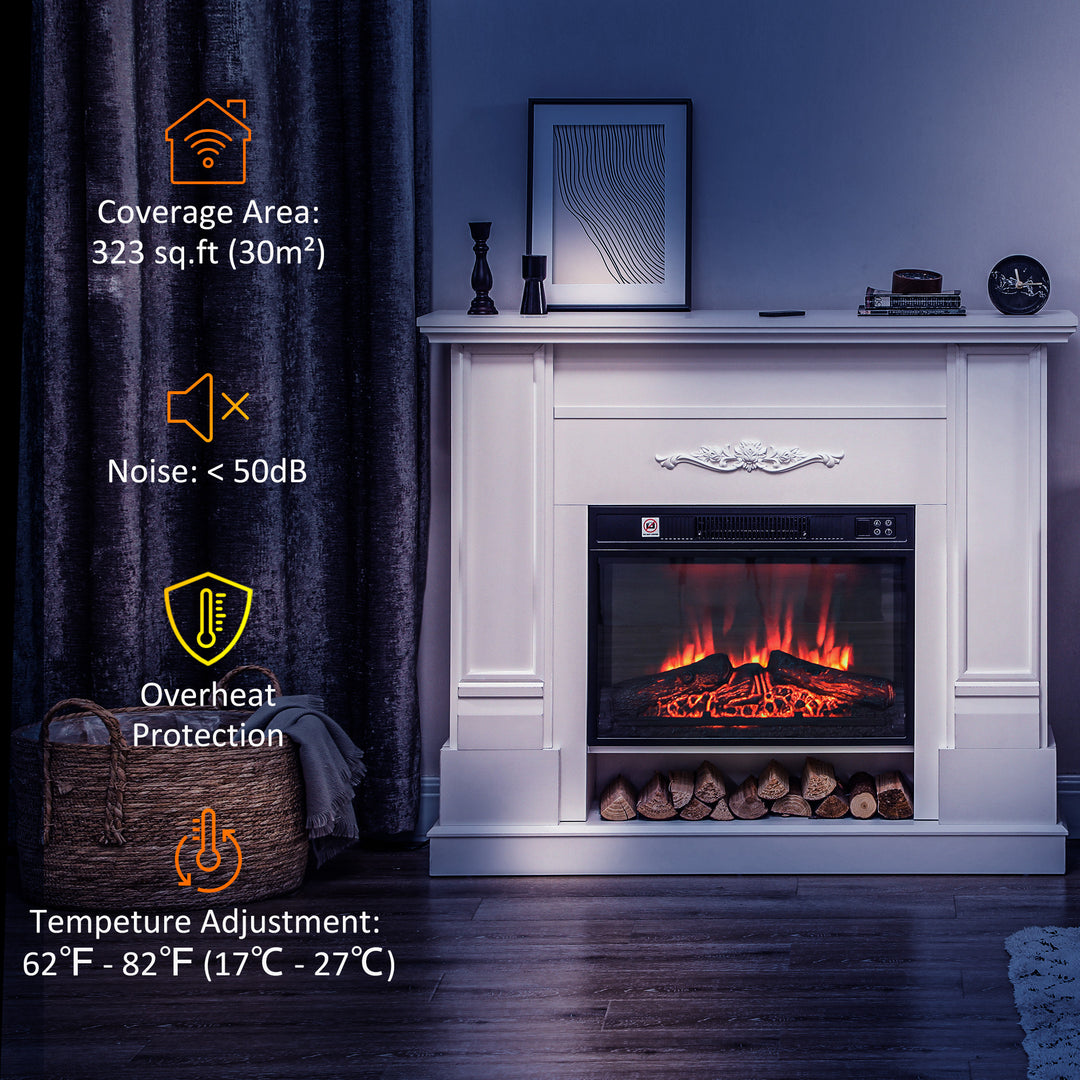 HOMCOM 46" Electric Fireplace with Mantel and Shelf, 1400W Fireplace Heater with Realistic Log and Flame Effect, White