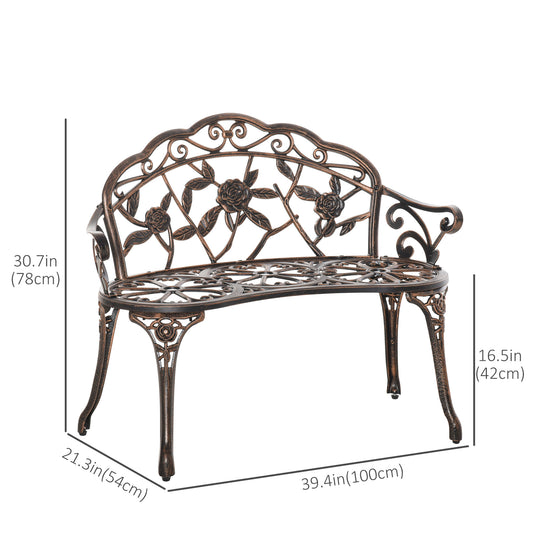Outsunny 40" Outdoor Garden Bench, Cast Aluminum Antique Rose Style Patio Garden Park Loveseat Bench for Backyard, Porch, Balcony, Lawn, Bronze