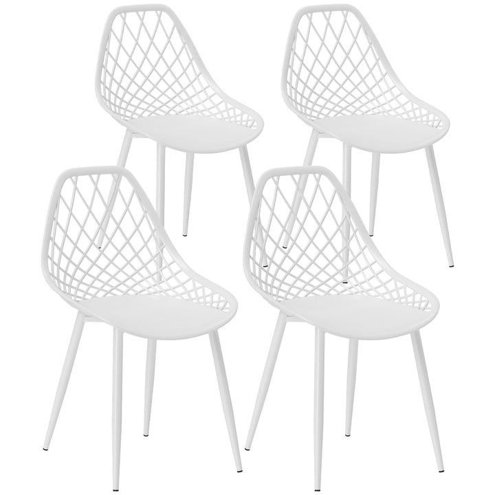 HOMCOM Modern Dining Chairs Set of 4, Plastic Kitchen Chairs with Hollow Backrest and Metal Legs for Living Dining Room, White