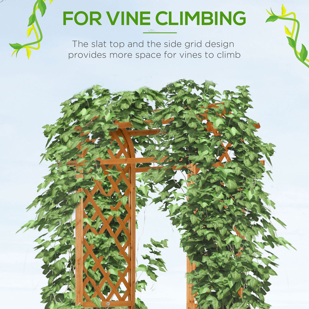 Outsunny 7.7FT Garden Arch with 2 Foldable Planter Boxes, Outdoor Wooden Trellis Arbor for Ceremony Party Weddings, Brown