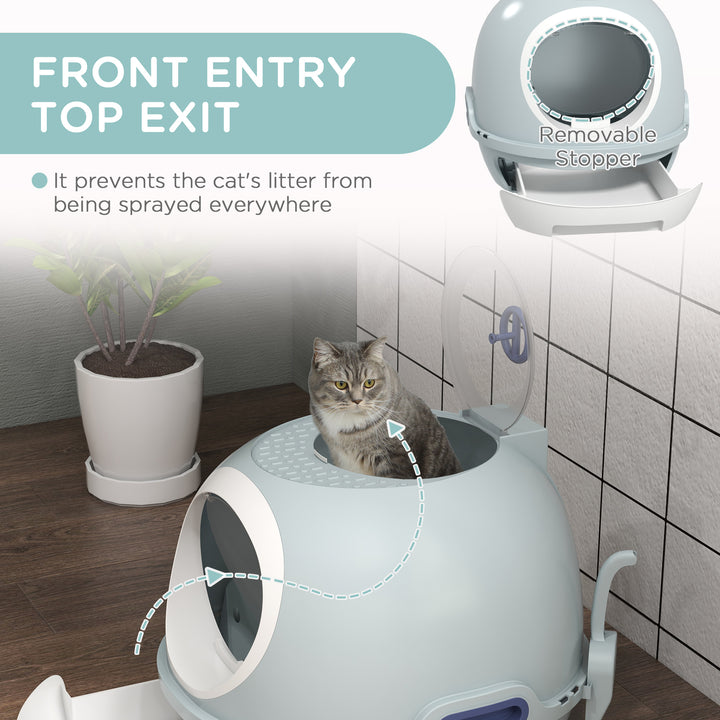 PawHut Cat Litter Box Toilet with Lid, Covered Litter Box with Scoop, Enclosed Drawer and Skylight, Blue