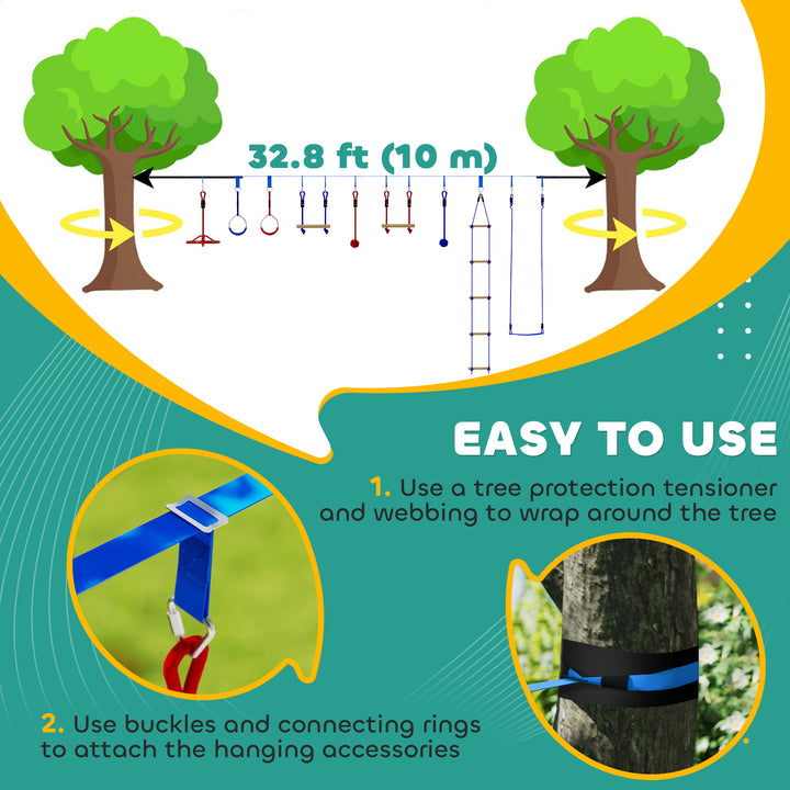 Qaba 32.8' Ninja Warrior Obstacle Course for Kids 3-6 Years, with Swing, Monkey Bars, Climbing Ladder, Gym Rings, Blue