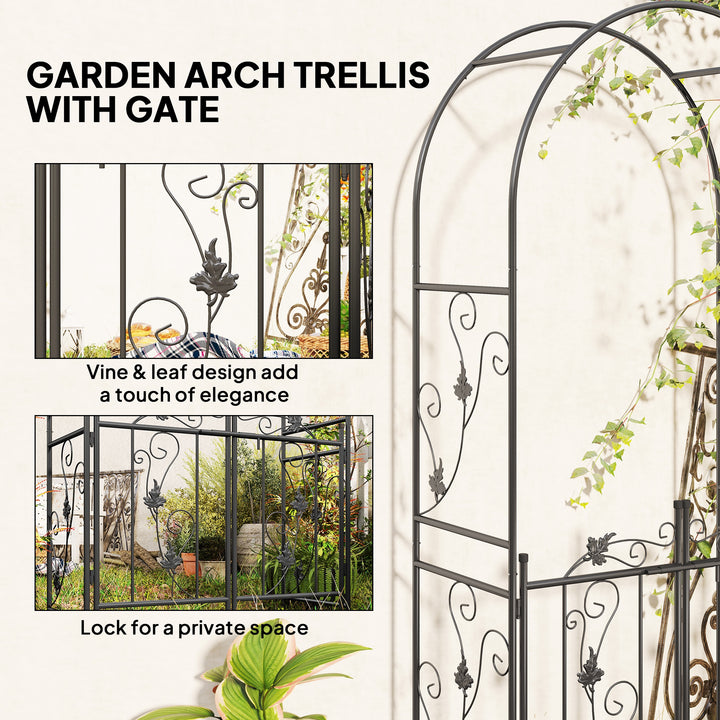 Outsunny 7ft Steel Garden Arch with Gate, Garden Arbor Trellis for Climbing Plants, Roses, Vines, Wedding Arch for Outdoor, Garden, Lawn, Backyard, Black