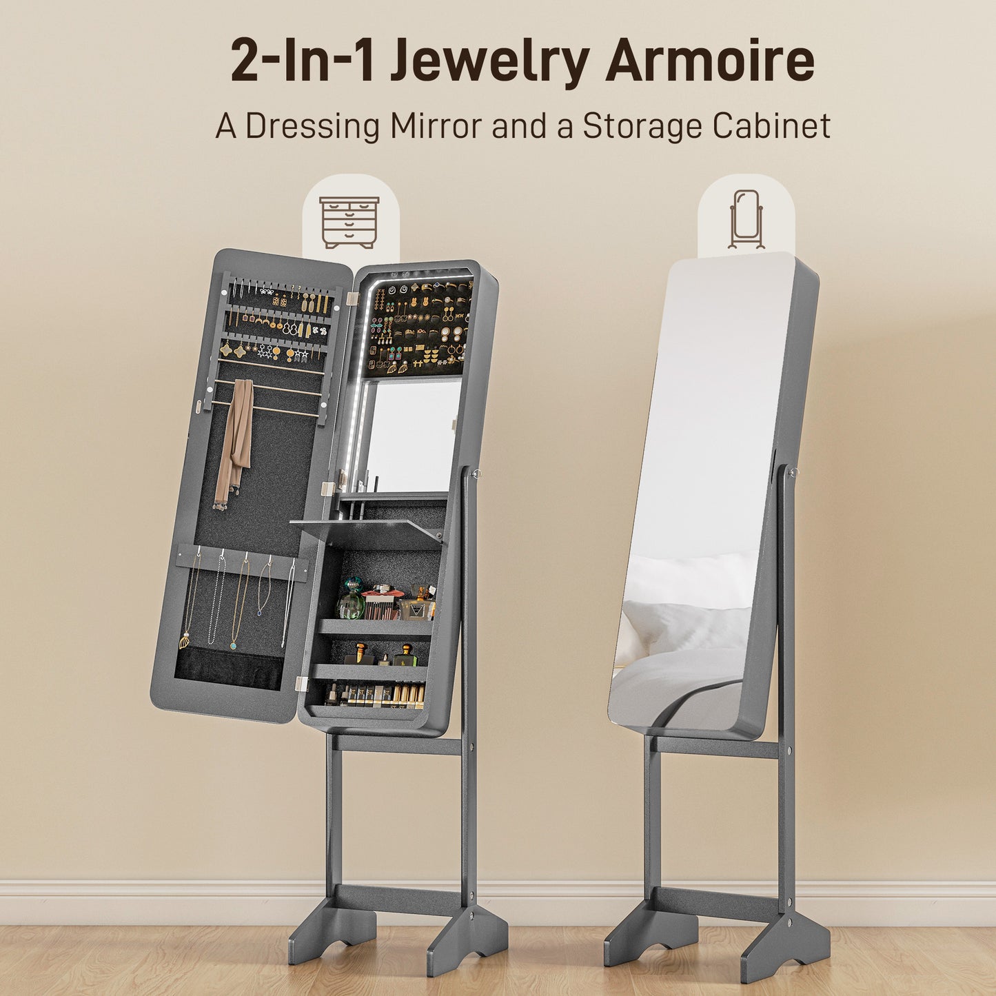 HOMCOM Freestanding Mirror Jewelry Cabinet Armoire, LED Lighted Jewelry Organizer with Stand, Angle Adjustable, White